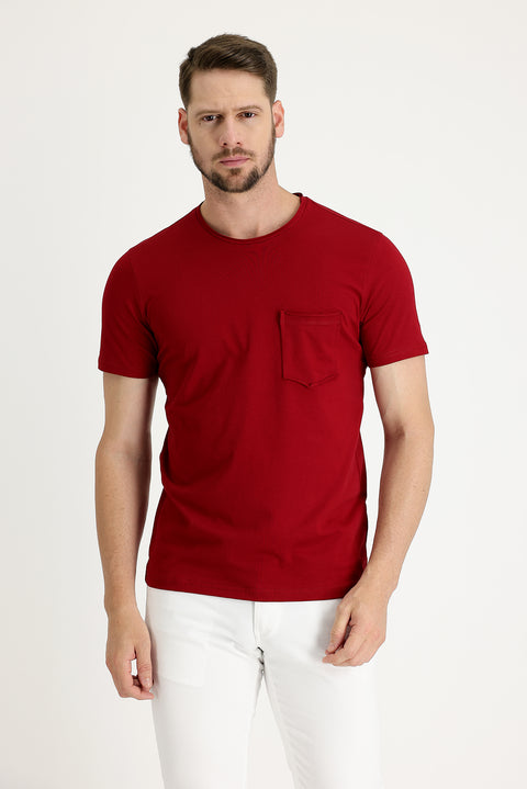 Dark Red Crew Neck Slim Fit Narrow Cut Cotton T-Shirt