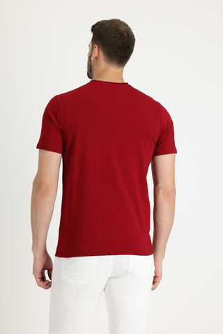  Koyu Kırmızı Bisiklet Yaka Slim Fit Dar Kesim Pamuklu Tişört