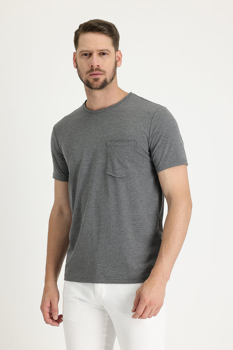 Koyu Antrasit Bisiklet Yaka Slim Fit Dar Kesim Tişört