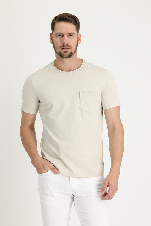 Açık Vizon Bisiklet Yaka Slim Fit Dar Kesim Tişört