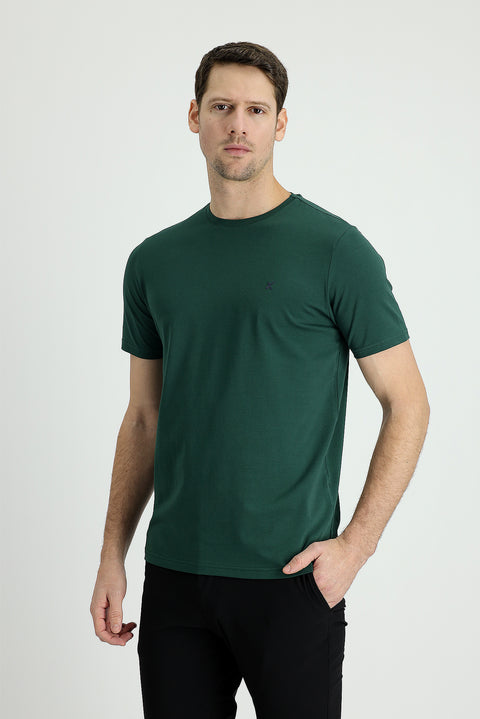 Koyu Yeşil Bisiklet Yaka Slim Fit Dar Kesim Süprem Pamuklu Tişört