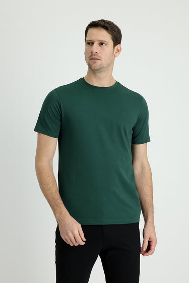 Koyu Yeşil Bisiklet Yaka Slim Fit Dar Kesim Pamuklu Süprem Tişört