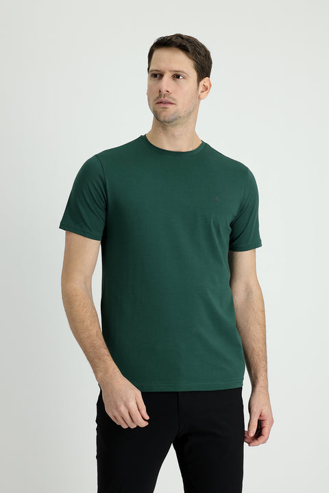 Koyu Yeşil Bisiklet Yaka Slim Fit Dar Kesim Süprem Pamuklu Tişört