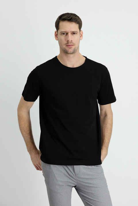 Siyah Bisiklet Yaka Slim Fit Dar Kesim Nakışlı Pamuklu Süprem Tişört