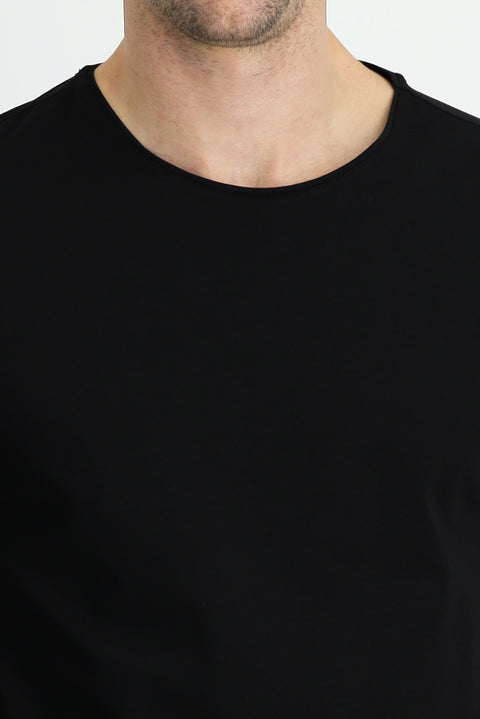 Siyah Bisiklet Yaka Slim Fit Dar Kesim Nakışlı Pamuklu Süprem Tişört