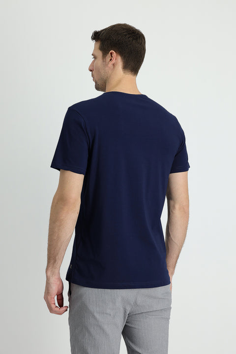 Orta Lacivert Bisiklet Yaka Slim Fit Dar Kesim Nakışlı Pamuklu Süprem Tişört