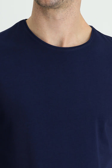 Orta Lacivert Bisiklet Yaka Slim Fit Dar Kesim Nakışlı Pamuklu Süprem Tişört