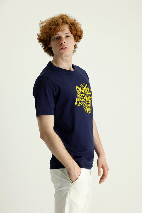 Koyu Lacivert Bisiklet Yaka Slim Fit Dar Kesim Baskılı Pamuk Tişört