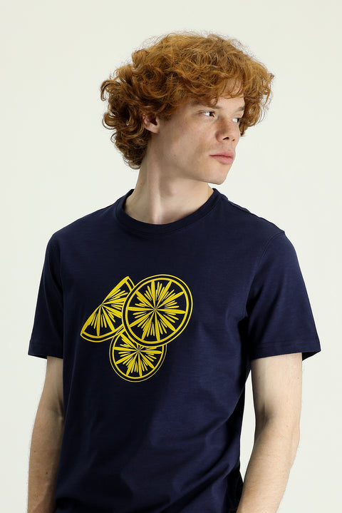 Koyu Lacivert Bisiklet Yaka Slim Fit Dar Kesim Baskılı Pamuk Tişört