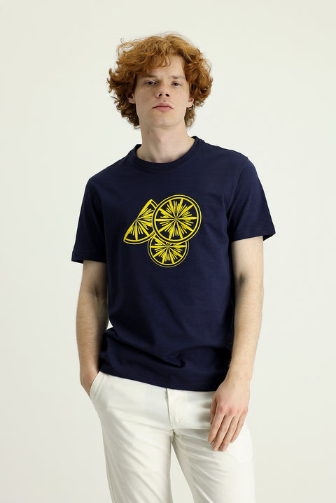 Koyu Lacivert Bisiklet Yaka Slim Fit Dar Kesim Baskılı Pamuk Tişört