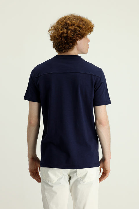 Koyu Lacivert Bisiklet Yaka Slim Fit Dar Kesim Baskılı Pamuk Tişört