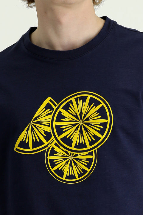 Koyu Lacivert Bisiklet Yaka Slim Fit Dar Kesim Baskılı Pamuk Tişört