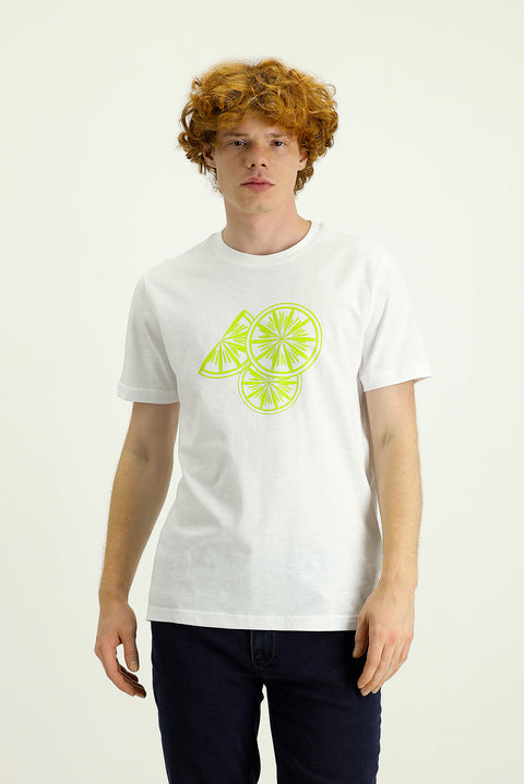 Beyaz Bisiklet Yaka Slim Fit Dar Kesim Baskılı Pamuk Tişört