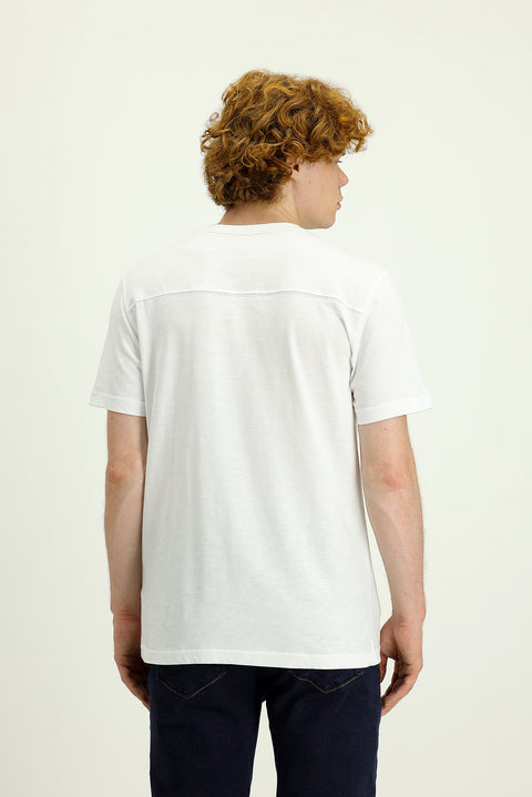 Beyaz Bisiklet Yaka Slim Fit Dar Kesim Baskılı Pamuk Tişört