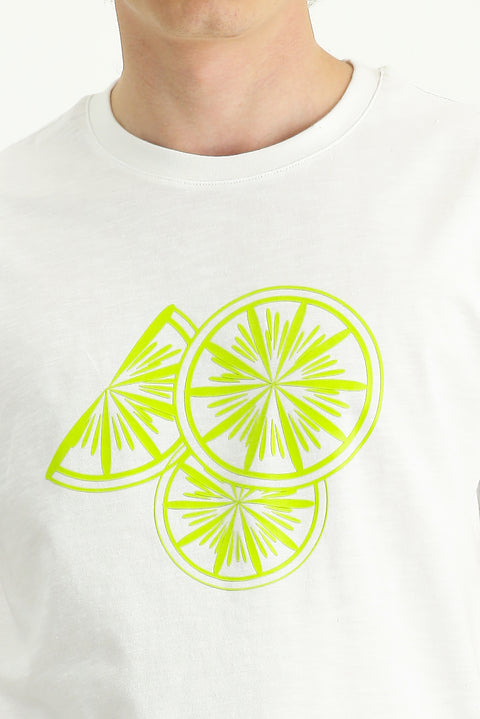 Beyaz Bisiklet Yaka Slim Fit Dar Kesim Baskılı Pamuk Tişört