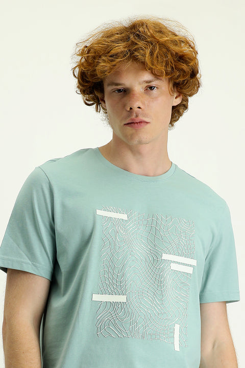Su Yeşili Bisiklet Yaka Slim Fit Dar Kesim Baskılı Pamuk Tişört