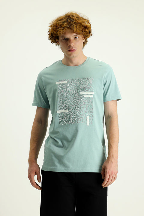 Su Yeşili Bisiklet Yaka Slim Fit Dar Kesim Baskılı Pamuk Tişört