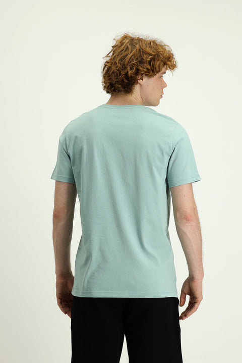 Su Yeşili Bisiklet Yaka Slim Fit Dar Kesim Baskılı Pamuk Tişört