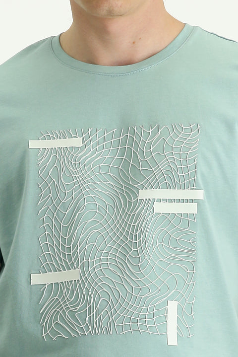 Su Yeşili Bisiklet Yaka Slim Fit Dar Kesim Baskılı Pamuk Tişört