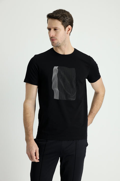 Siyah Bisiklet Yaka Slim Fit Dar Kesim Baskılı Pamuklu Tişört
