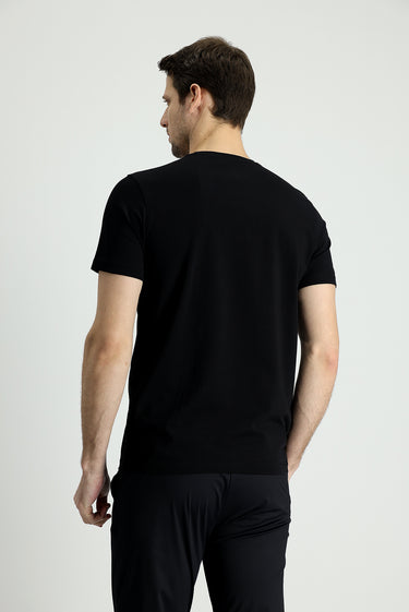 Siyah Bisiklet Yaka Slim Fit Dar Kesim Baskılı Pamuklu Tişört