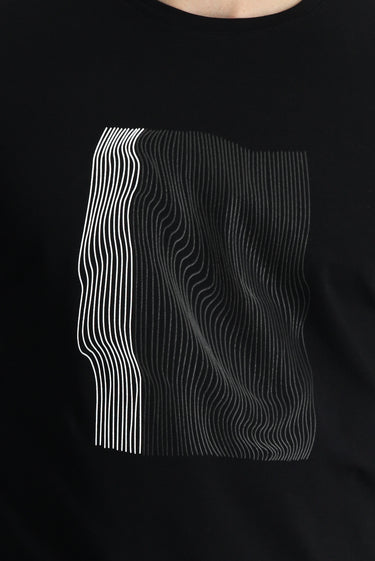 Siyah Bisiklet Yaka Slim Fit Dar Kesim Baskılı Pamuklu Tişört