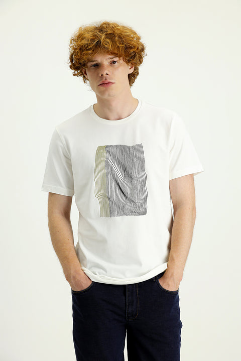 Krem Bisiklet Yaka Slim Fit Dar Kesim Baskılı Pamuklu Tişört