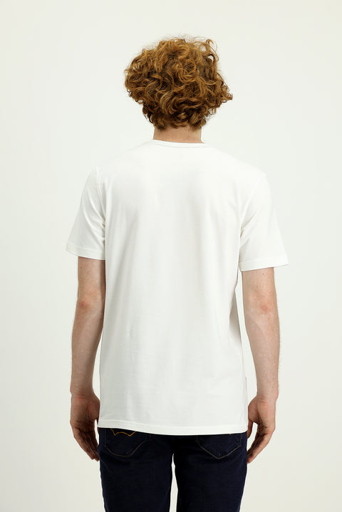 Krem Bisiklet Yaka Slim Fit Dar Kesim Baskılı Pamuklu Tişört