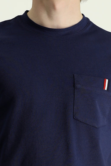 Orta Lacivert Bisiklet Yaka Slim Fit Dar Kesim Baskılı Pamuklu Tişört