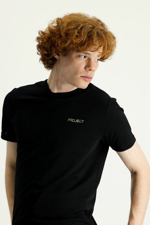 Siyah Bisiklet Yaka Slim Fit Dar Kesim Baskılı Pamuklu Tişört