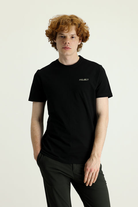 Siyah Bisiklet Yaka Slim Fit Dar Kesim Baskılı Pamuklu Tişört