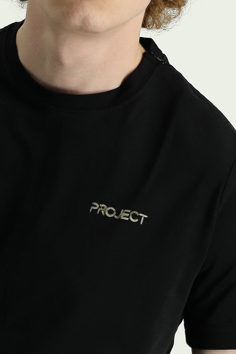 Siyah Bisiklet Yaka Slim Fit Dar Kesim Baskılı Pamuklu Tişört