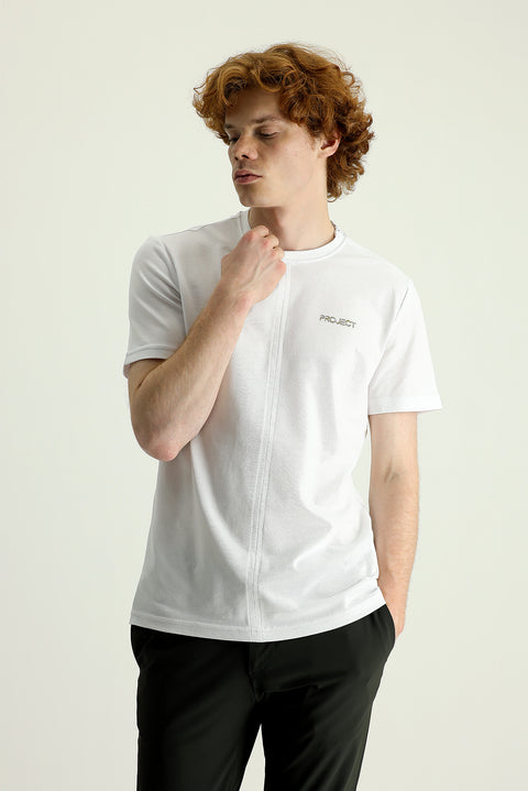 Beyaz Bisiklet Yaka Slim Fit Dar Kesim Baskılı Pamuklu Tişört