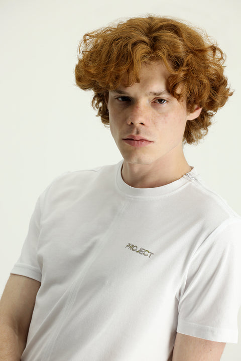 Beyaz Bisiklet Yaka Slim Fit Dar Kesim Baskılı Pamuklu Tişört