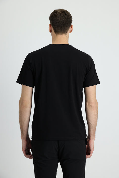 Siyah V Yaka Regular Fit Nakışlı Süprem Tişört