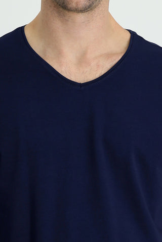  Orta Lacivert V Yaka Regular Fit Nakışlı Pamuklu Süprem Tişört