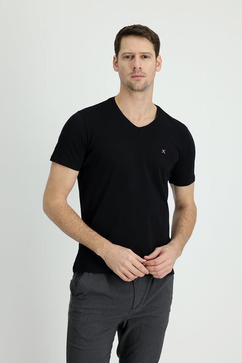 Siyah V Yaka Slim Fit Dar Kesim Tişört