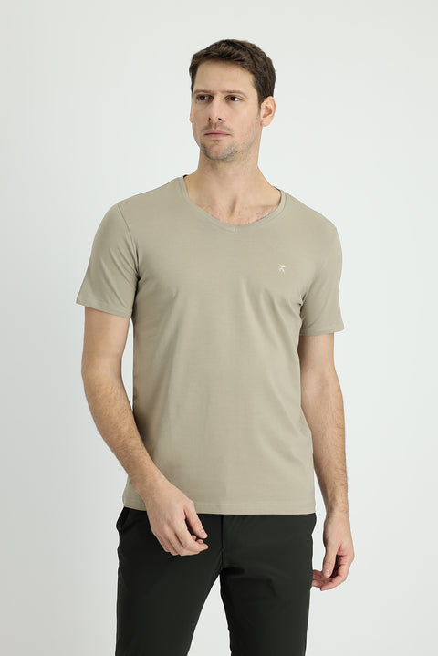 Medium Mink V-Neck Slim Fit Narrow Cut Cotton T-Shirt
