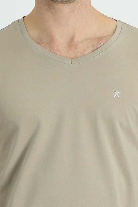 Medium Mink V-Neck Slim Fit Narrow Cut Cotton T-Shirt