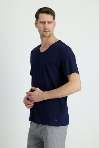  Orta Lacivert V Yaka Slim Fit Dar Kesim Nakışlı Pamuklu Süprem Tişört