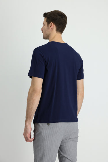 Orta Lacivert V Yaka Slim Fit Dar Kesim Nakışlı Süprem Tişört