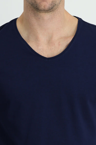 Orta Lacivert V Yaka Slim Fit Dar Kesim Nakışlı Süprem Tişört