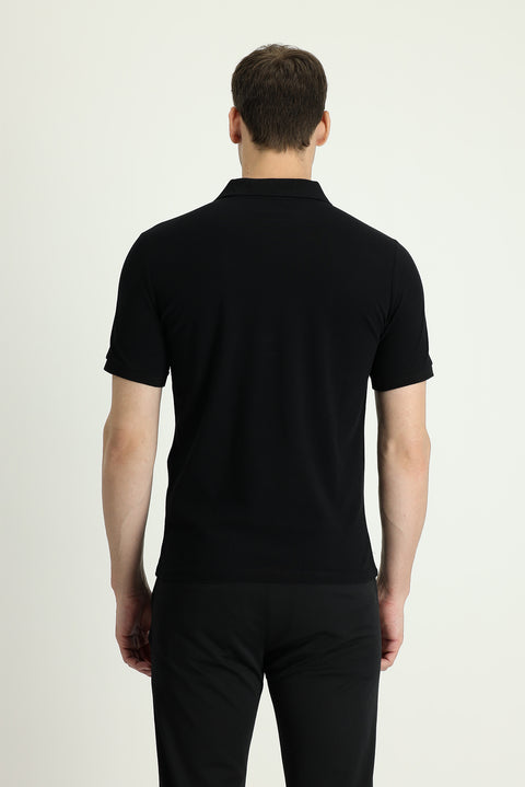 Siyah Polo Yaka Regular Fit Nakışlı Pamuk Tişört