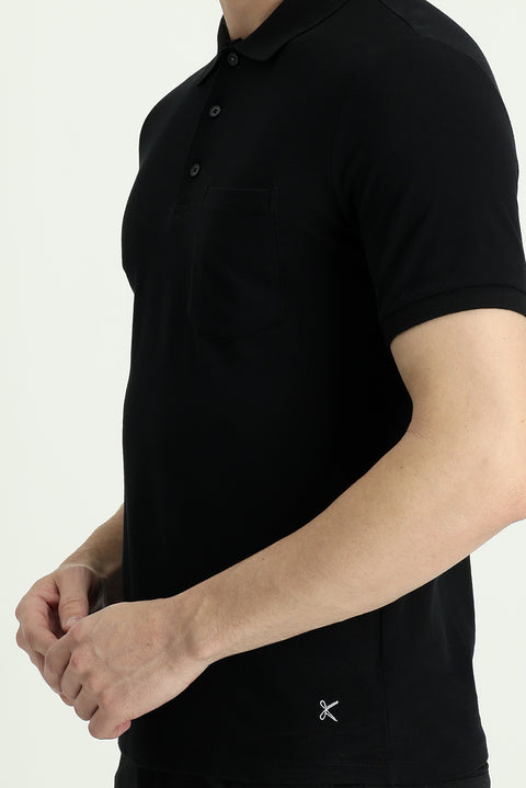 Siyah Polo Yaka Regular Fit Nakışlı Pamuk Tişört