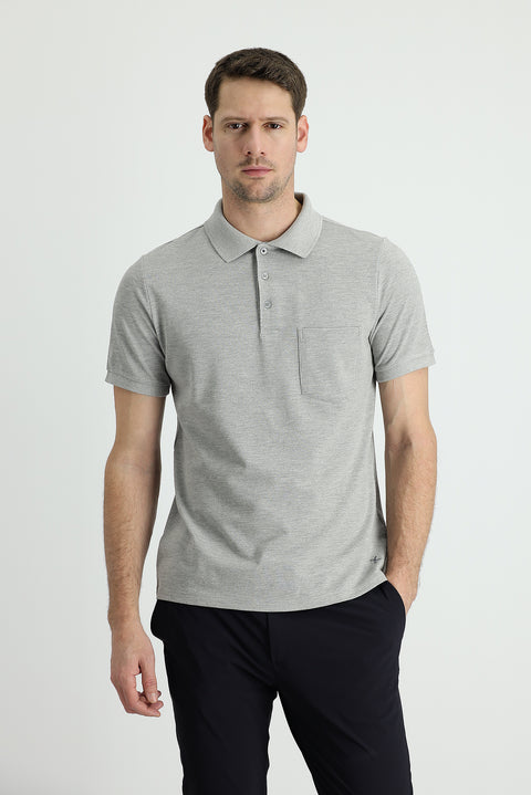 Orta Gri Melanj Polo Yaka Regular Fit Nakışlı Pamuk Tişört