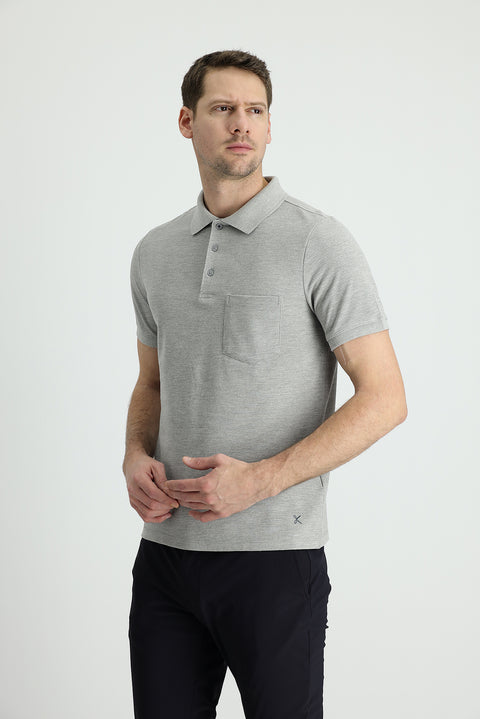 Orta Gri Melanj Polo Yaka Regular Fit Nakışlı Pamuk Tişört