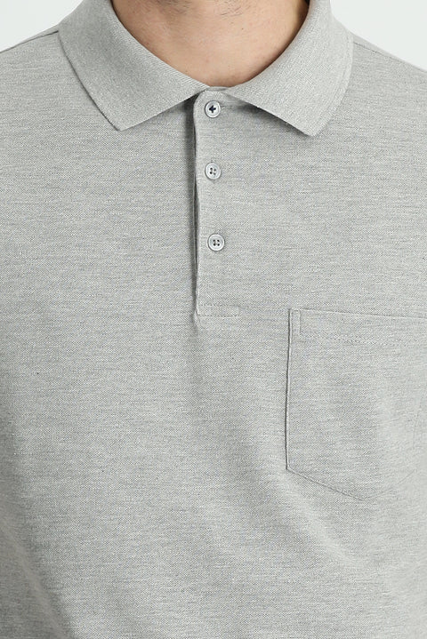 Orta Gri Melanj Polo Yaka Regular Fit Nakışlı Pamuk Tişört