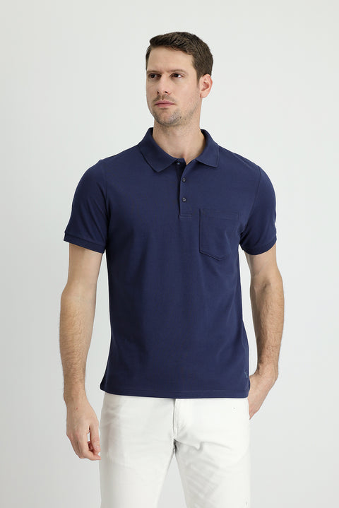 Lacivert Polo Yaka Regular Fit Nakışlı Pamuk Tişört