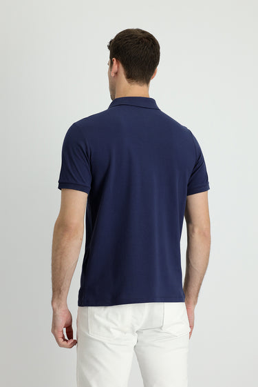 Lacivert Polo Yaka Regular Fit Nakışlı Pamuk Tişört