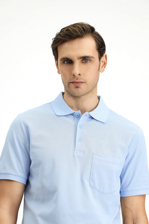 Uçuk Mavi Polo Yaka Regular Fit Nakışlı Pamuk Tişört